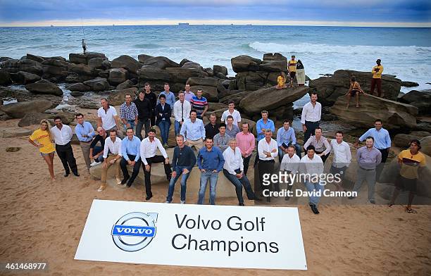 The thirty-six Champions who made up the field for the 2014 Volvo Golf Champions with the Umhlanga Beach Lifeguards on Umhlanga Beach as a preview...