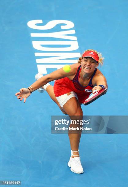 Angelique Kerber of Germany plays a forehand in her match against Madison Keys of the USA during day five of the 2014 Sydney International at Sydney...