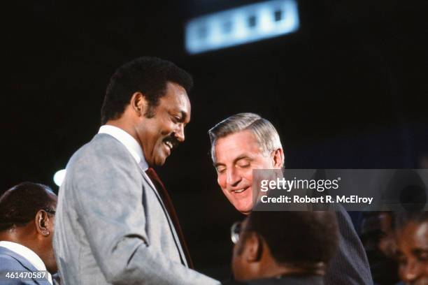 American Presidential candidate Jesse Jackson and Walter Mondale at the Baptist convention, Convention Hall, Washington DC, September 5, 1984.