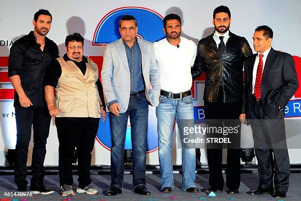 Indian Bollywood personalities John Abraham, Neeraj Vora, Paresh Rawal, Suniel Shetty, Abhishek Bachchan and Feroz A. Nadiadwala pose during the...