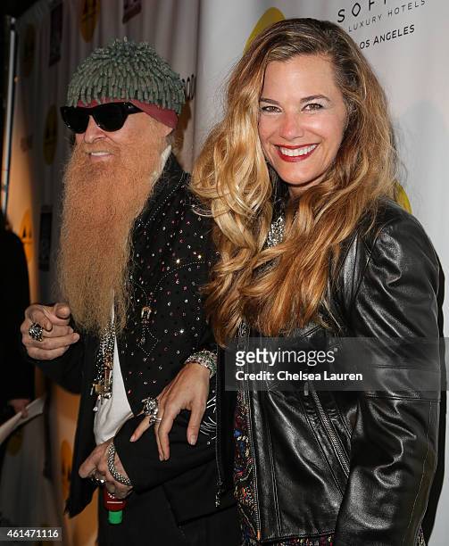 Musician Billy Gibbons and wife Gilligan Stillwater arrive at the Adopt the Arts benefit concert at The Roxy Theatre on January 12, 2015 in West...