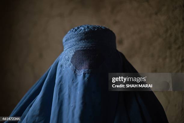 An internally displaced Afghan woman waits to receive food relief aid from the World Food Programme in Kabul on January 13, 2015. The UN says about...