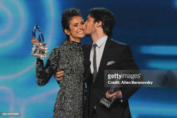 Actors Nina Dobrev and Ian Somerhalder, winners of the Favorite On Screen Chemistry award for 'The Vampire Diaries,' speak onstage at the 40th Annual...