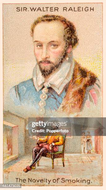 Men of Genius" Shelley cigarette card featuring illustrations of Sir Walter Raleigh, the English gallant and hero who introduced both tobacco and the...