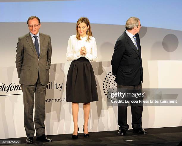 Alfonso Alonso, Queen Letizia of Spain and Cesar Alierta attend 'Telefonica Ability Awards 2015' at Telefonica heaquarters on January 12, 2015 in...