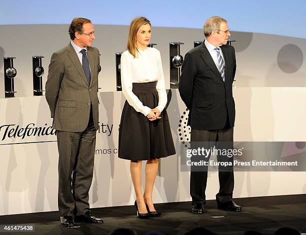 Alfonso Alonso, Queen Letizia of Spain and Cesar Alierta attend 'Telefonica Ability Awards 2015' at Telefonica heaquarters on January 12, 2015 in...