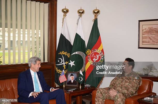 Secretary of State John Kerry meets Chief of Army Staff, General Raheel Sharif during his visit to General Headquarters in Islamabad, Pakistan on...