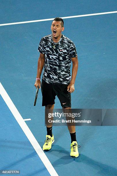 Nick Kyrgios of Australia reacts after winning a point in his first round match against Jerzy Janowicz of Poland during day three of the Sydney...