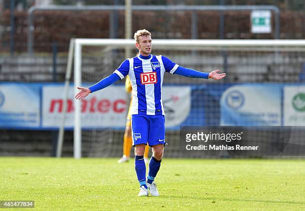 Fabian Lustenberger of Hertha BSC gestures during a Friendly Match between Hertha BSC and Hallescher FC on January 13, 2015 in Berlin, Germany.