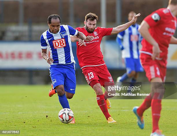 Ronny of Hertha BSC and Sascha Pfeffer of Hallescher FC fight for the ball during a Friendly Match between Hertha BSC and Hallescher FC on January...