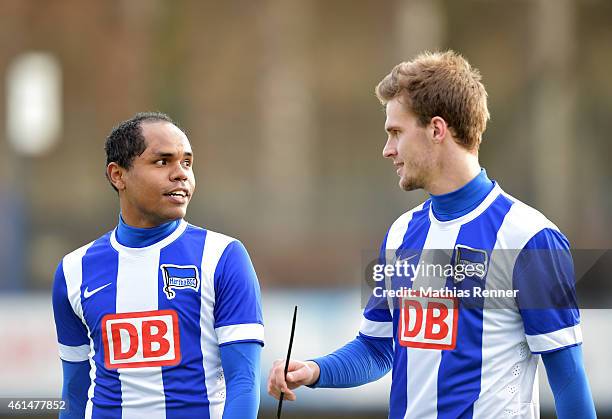 Ronny and Sebastian Langkamp of Hertha BSC chat during a Friendly Match between Hertha BSC and Hallescher FC on January 13, 2015 in Berlin, Germany.