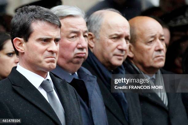 French Prime Minister Manuel Valls, French Senate President Gerard Larcher, Foreign Affairs Minister Laurent Fabius and Defense Minister Jean-Yves Le...