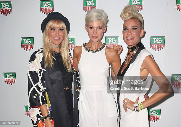Miriam Nervo and Olivia Nervo of NERVO pose with model Kate Peck as they attend the TAG Heuer Party at Ms Collins on January 13, 2015 in Melbourne,...