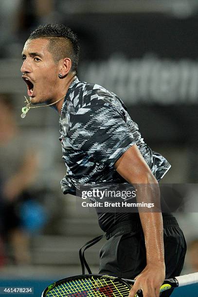 Nick Kyrgios of Australia reacts after winning a point in his first round match against Jerzy Janowicz of Poland during day three of the Sydney...