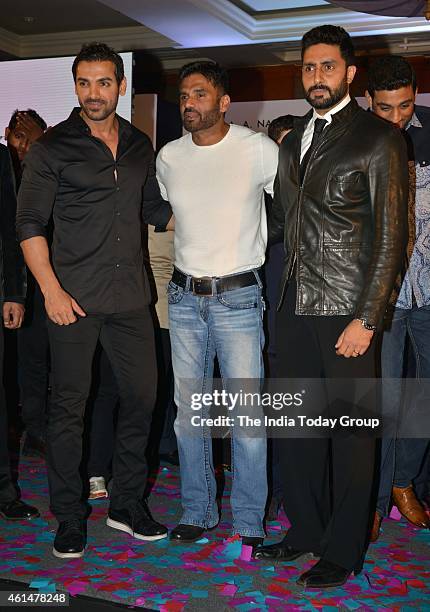 John Abraham,Sunil Shetty and Abhishek Bachchan at the announcement ceremony of Hera Pheri 3.