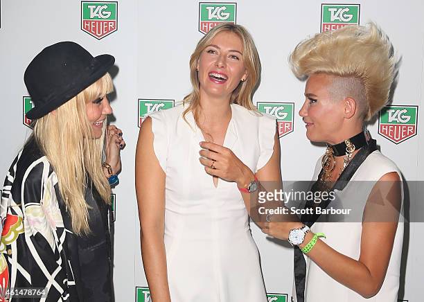 Maria Sharapova talks with Miriam Nervo and Olivia Nervo of NERVO as they attend the TAG Heuer Party at Ms Collins on January 13, 2015 in Melbourne,...