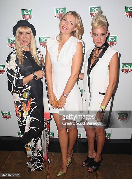 Maria Sharapova poses with Miriam Nervo and Olivia Nervo of NERVO as they attend the TAG Heuer Party at Ms Collins on January 13, 2015 in Melbourne,...