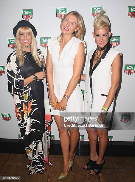 Maria Sharapova poses with Miriam Nervo and Olivia Nervo of NERVO as they attend the TAG Heuer Party at Ms Collins on January 13, 2015 in Melbourne,...