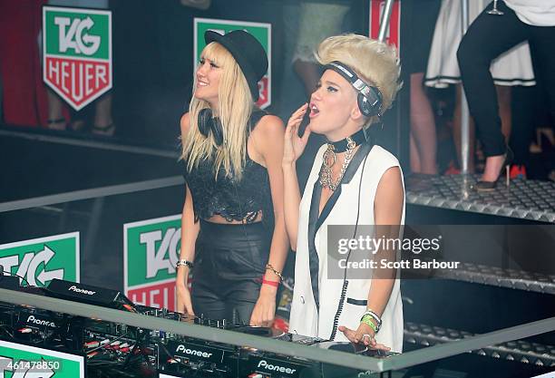 Miriam Nervo and Olivia Nervo of NERVO DJ as they attend the TAG Heuer Party at Ms Collins on January 13, 2015 in Melbourne, Australia.