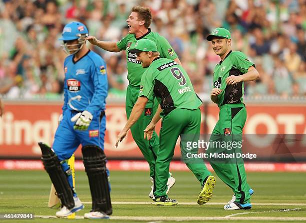 James Faulkner of the Stars celebrates his dismissal of Phil Hughes of the Strikers with Cameron White and Luke Wright during the Big Bash League...