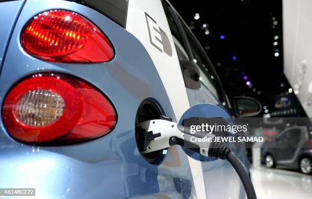 Smart Electric Car is being charged at a station during the press preview of The North American International Auto Show in Detroit, Michigan, on...