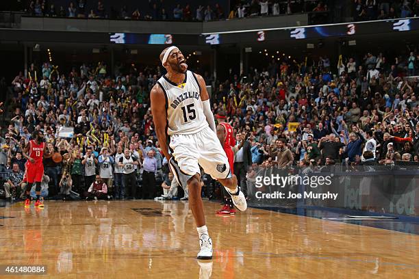 Vince Carter of the Memphis Grizzlies celebrates during the game against the Houston Rockets on December 26, 2014 at the FedExForum in Memphis,...