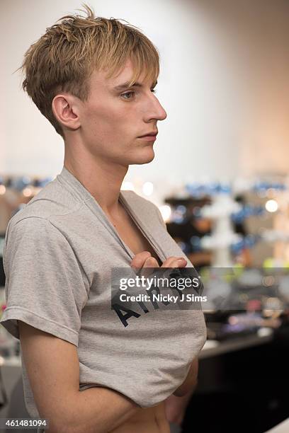 Model is seen backstage prior to the Matthew Miller show on day 2 of London Collections: Men Autumn Winter 2015 at Victoria House on January 10, 2015...