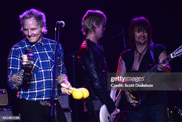 Drummer Matt Sorum, bass player Duff McKagan and guitarist Richie Sambora perform on stage at The Roxy Theatre on January 12, 2015 in West Hollywood,...