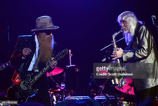Guitarist Billy Gibbons of ZZ Top and saxaphonist Edgar Winter perform on stage at The Roxy Theatre on January 12, 2015 in West Hollywood, California.