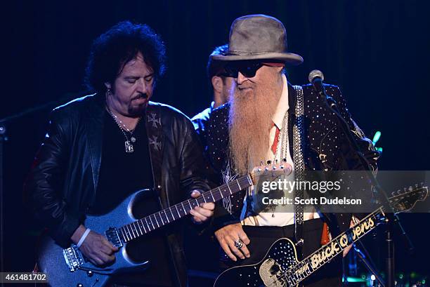 Guitarist Steve Lukather of Toto and guitarist Billy Gibbons of ZZ Top perform on stage at The Roxy Theatre on January 12, 2015 in West Hollywood,...