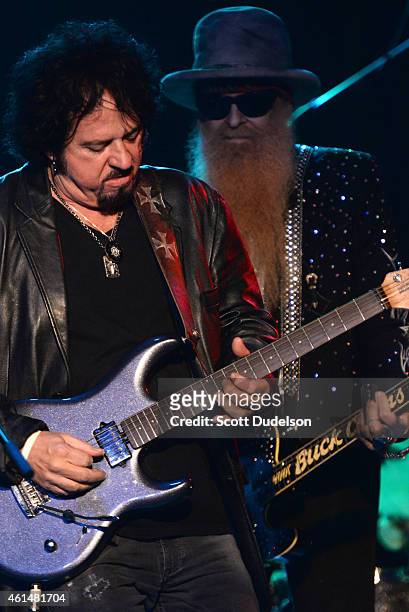 Guitarist Steve Lukather of Toto and guitarist Billy Gibbons of ZZ Top perform on stage at The Roxy Theatre on January 12, 2015 in West Hollywood,...