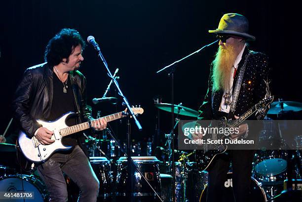 Guitarist Steve Lukather of Toto and guitarist Billy Gibbons of ZZ Top perform on stage at The Roxy Theatre on January 12, 2015 in West Hollywood,...