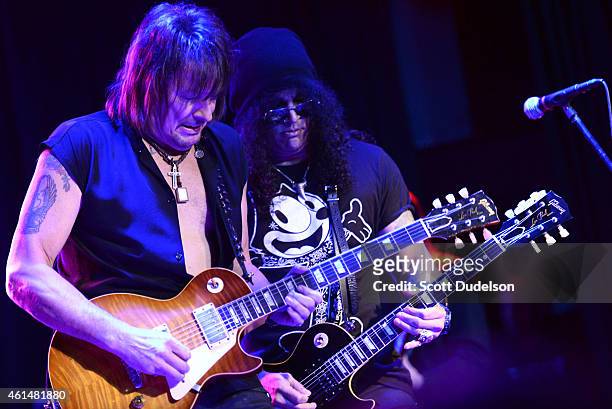 Guitarists Richie Sambora of Bon Jovi and Slash of Guns N' Roses perform on stage at The Roxy Theatre on January 12, 2015 in West Hollywood,...