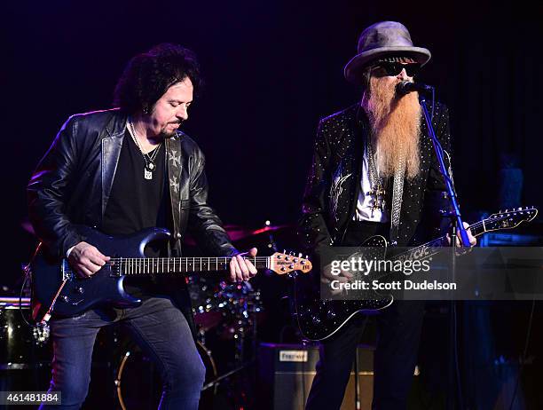 Guitarist Steve Lukather of Toto and guitarist Billy Gibbons of ZZ Top perform on stage at The Roxy Theatre on January 12, 2015 in West Hollywood,...