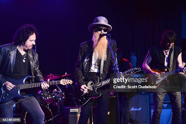 Guitarist Steve Lukather of Toto, guitarist Billy Gibbons of ZZ Top, and guitarist Richie Sambora of Bon Jovi perform on stage at The Roxy Theatre on...