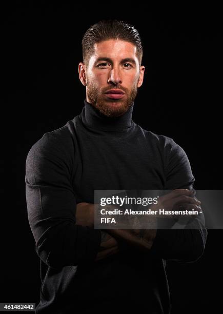 Sergio Ramos of Real Madrid and Spain poses for a portrait prior to the FIFA Ballon d'Or Gala 2014 at the Park Hyatt hotel on January 12, 2015 in...