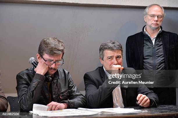 Charlie Hebdo cartoonist, Renald Luzier aka Luz, and Patrick Pelloux , Charlie Hebdo journalist, during the Charlie Hebdo press conference held at...