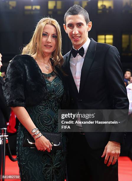 Angel Di Maria of Manchester United and Argentina and Jorgelina Cardoso arrive at the FIFA Ballon d'Or Gala 2014 at the Kongresshaus on January 12,...