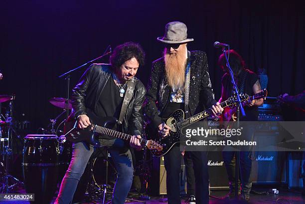 Guitarist Steve Lukather of Toto and guitarist Billy Gibbons of ZZ Top perform on stage at The Roxy Theatre on January 12, 2015 in West Hollywood,...