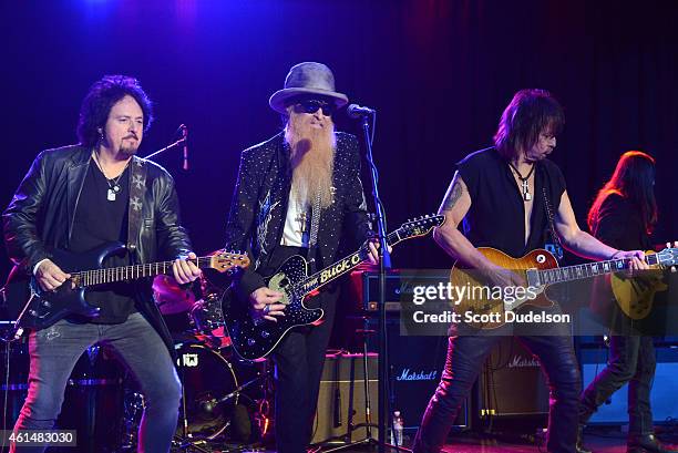 Guitarist Steve Lukather of Toto, guitarist Billy Gibbons of ZZ Top and guitarist Richie Sambora of Bon Jovi perform on stage at The Roxy Theatre on...