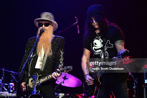 Guitarist Billy Gibbons of ZZ Top and guitarist Slash of Guns N' Roses perform on stage at The Roxy Theatre on January 12, 2015 in West Hollywood,...