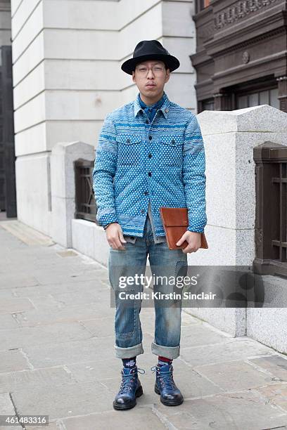 Fashion editor for Individualism John Jarrett wearing Oliver Sweeney shoes, Kings of Indigo jeans, jacket, scarf and bag, Laird of London hat,...