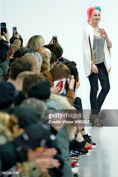 Designer Katie Eary walks the runway at the Katie Eary Autumn Winter 2015 fashion show during London Menswear Fashion Week on January 12, 2015 in...