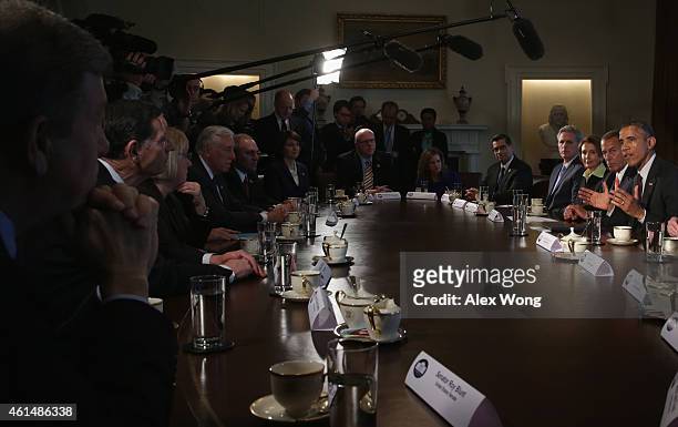 President Barack Obama speaks as meets with congressional leaders in the Cabinet Room of the White House January 13, 2015 in Washington, DC....