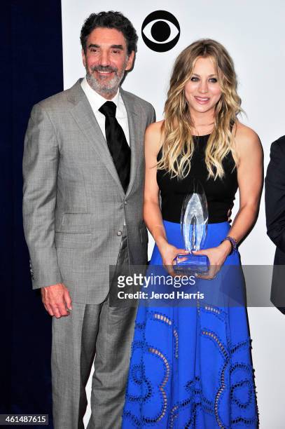 Chuck Lorre and Kaley Cuoco backstage at the 40th Annual People's Choice Awards - Press Room at Nokia Theatre L.A. Live on January 8, 2014 in Los...