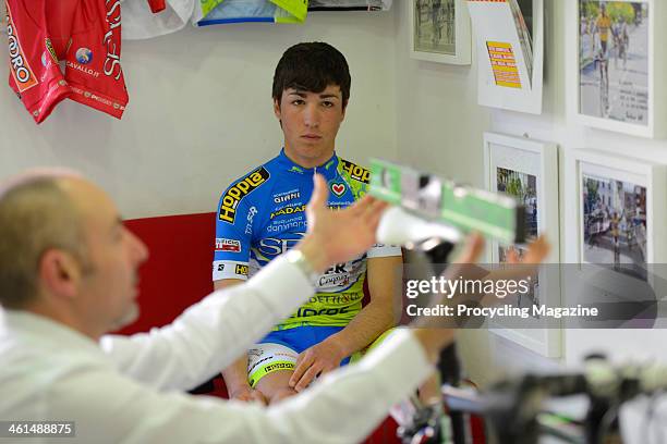 Italian racing cyclist intern Valerio Conti and bike fitter Giuseppe Giannecchini photographed at the Formigli Bikes workshop in Florence, on April...