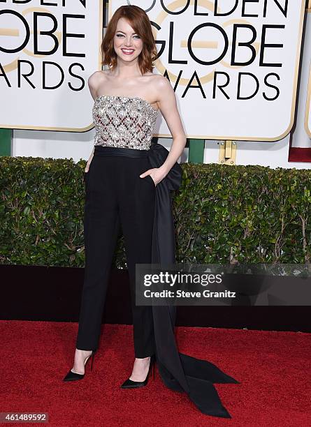 Emma Stone arrives at the 72nd Annual Golden Globe Awards at The Beverly Hilton Hotel on January 11, 2015 in Beverly Hills, California.