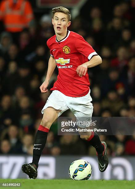 Callum Gribbin of Manchester United U18s in action during the FA Youth Cup Fourth Round match between Manchester United U18s and Hull City U18s at...