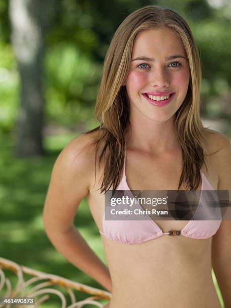 teenage girl outdoors in summer in bikini waist up - young teen bathing suit stock pictures, royalty-free photos & images