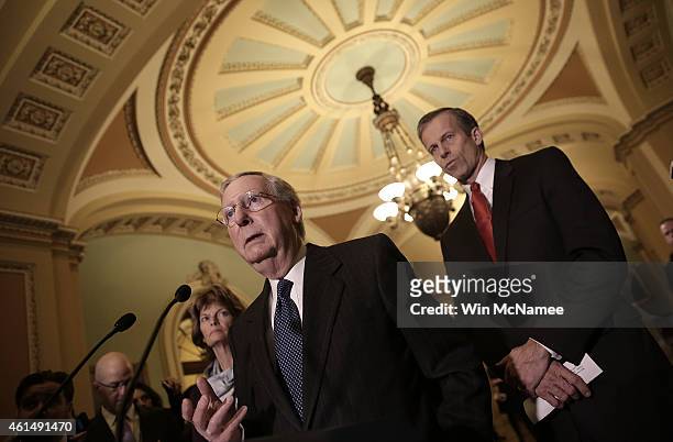Senate Majority Leader Mitch McConnell answers questions following a weekly policy luncheon with Senate Republicans at the U.S. Capitol January 13,...